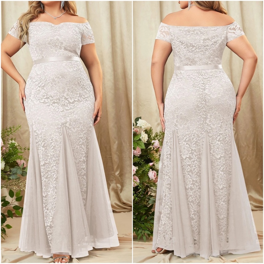 Plus Floral Lace Off Shoulder Formal Evening Wedding Maxi Dress - Picture 4 of 10